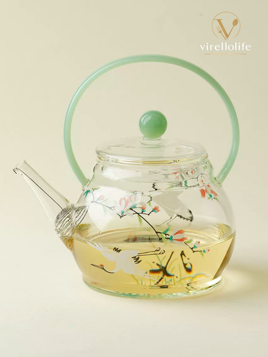 Cranes in Flame Glass Arch Handle Teapot