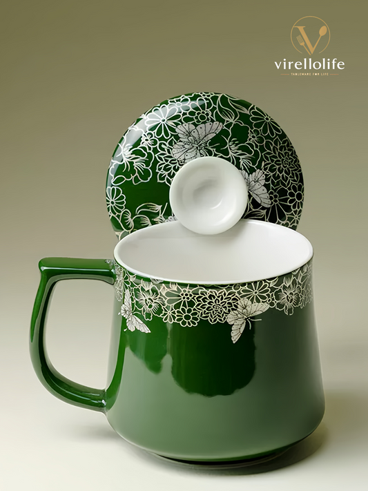 Verdant Ripple Butterfly Artisan Ceramic Infuser Mug Set