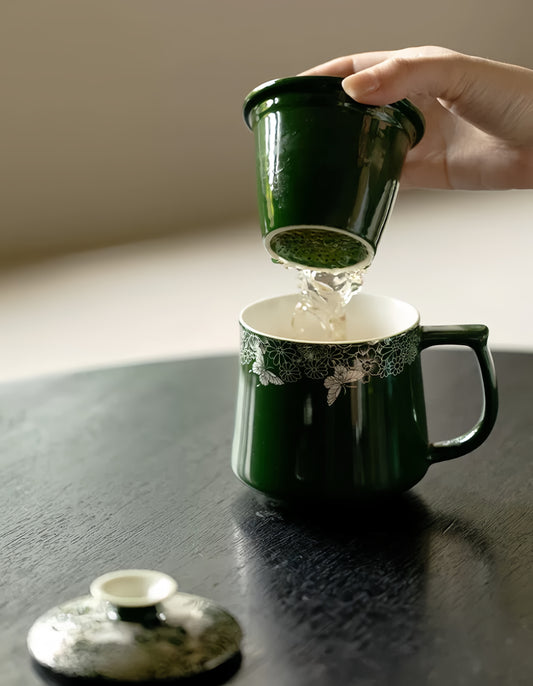 Verdant Ripple Butterfly Artisan Ceramic Infuser Mug Set