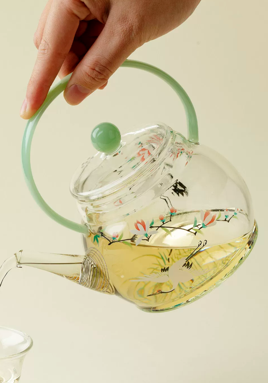 Cranes in Flame Glass Arch Handle Teapot